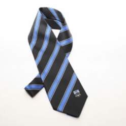 Photograph of New College black and blue striped tie with college coat of arms