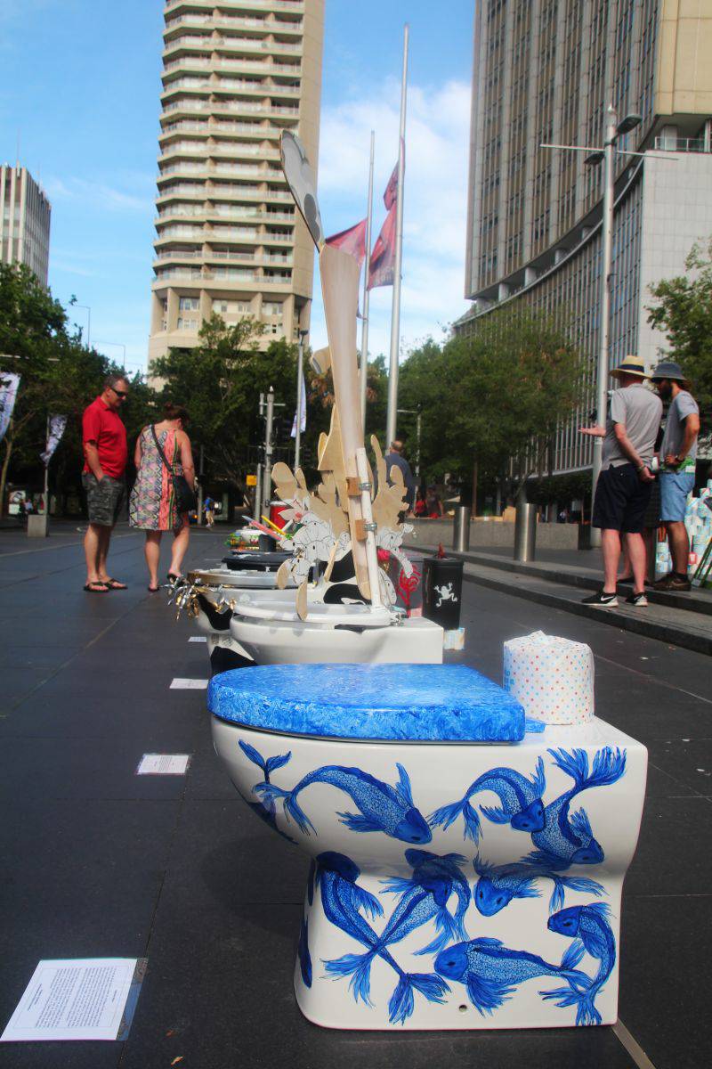 Engineers Without Borders Program asked 25 Sydney artists to each paint a toilet, including Cobie’s as pictured. These were displayed at Circular Quay, Sydney, on World Toilet Day to promote awareness around sanitation in developing countries. Engineers Without Borders Program asked 25 Sydney artists to each paint a toilet, including Cobie’s as pictured. These were displayed at Circular Quay, Sydney, on World Toilet Day to promote awareness around sanitation in developing countries.